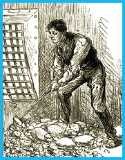 Drawing of stonebreaking in a workhouse
